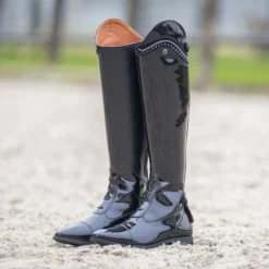 Reitstiefel Damen Lamira, Lederreitstiefel, Lack, Schwarz