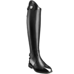 Reitstiefel Damen Marilyn Lack mit Budapester Lochmuster, Lederreitstiefel, Schwarz