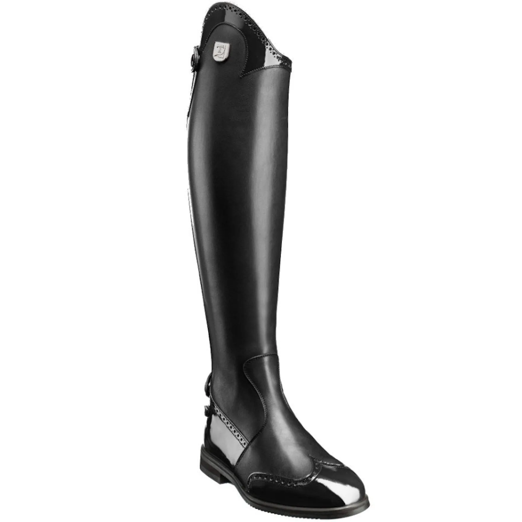 Reitstiefel Damen Marilyn Lack mit Budapester Lochmuster, Lederreitstiefel, Schwarz